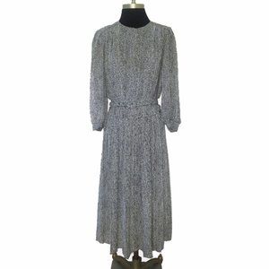Vtg 80s Black White Print Belted Dress 9/10